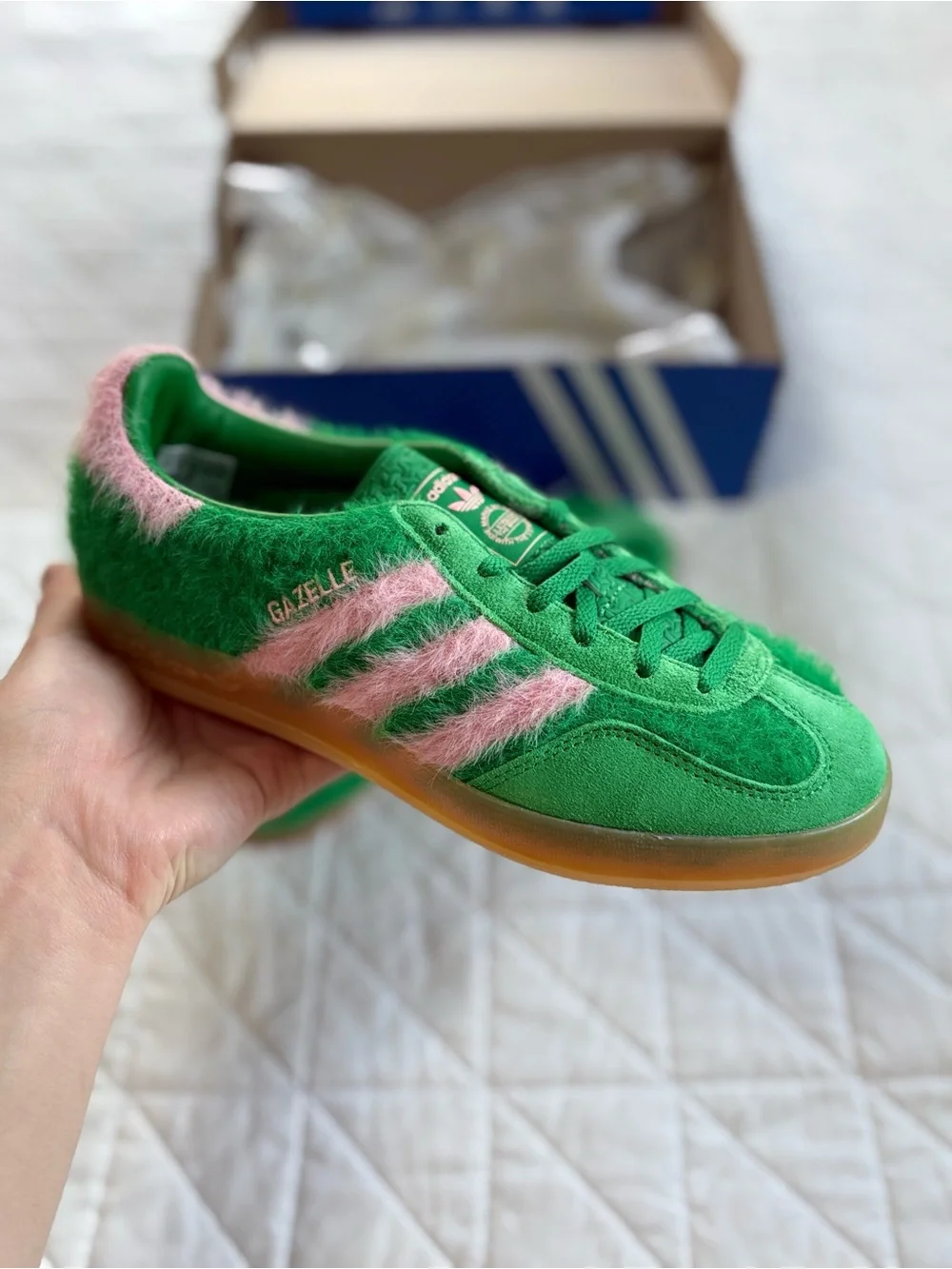 Adidas Gazelle Indoor Green Glow Pink Hairy Mohair-Style Sneakers - Size 7.5 US